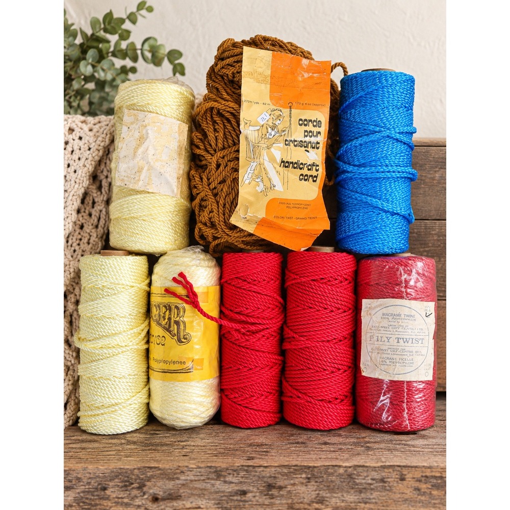 Vintage 1970s Macrame Cord Craft Supply Lot 8 Spools Polypropylene Retro DIY